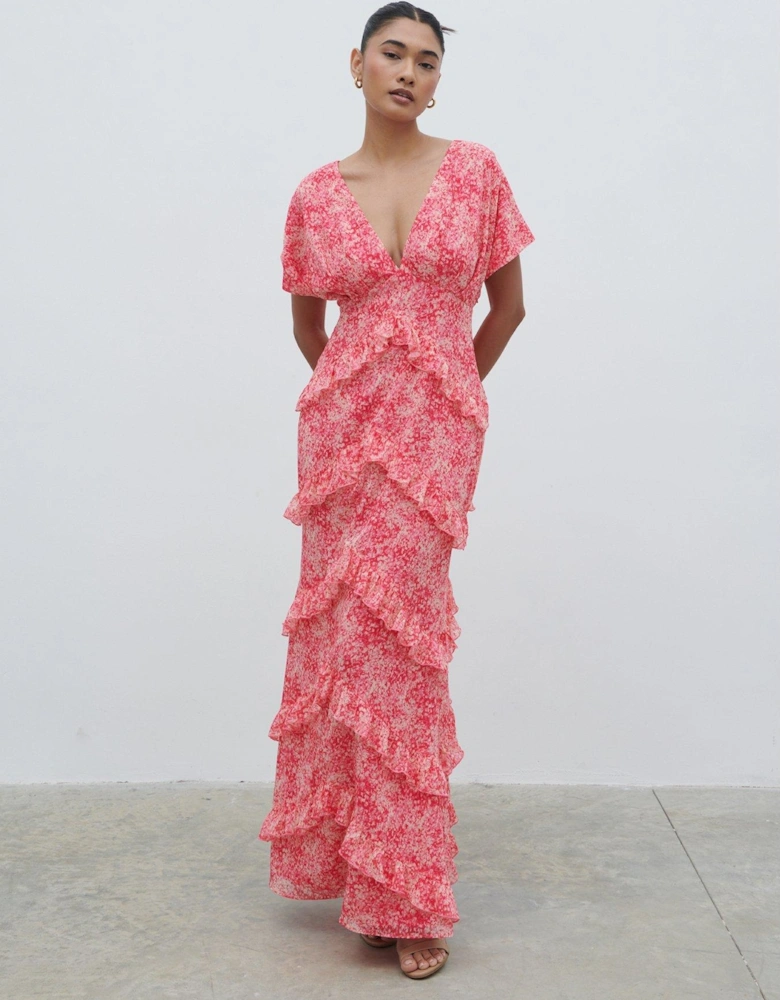 Tasmin Floral V Neck Ruffle Maxi Dress - Pink