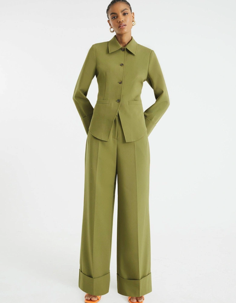 Wide Leg Pleated Trouser - Khaki