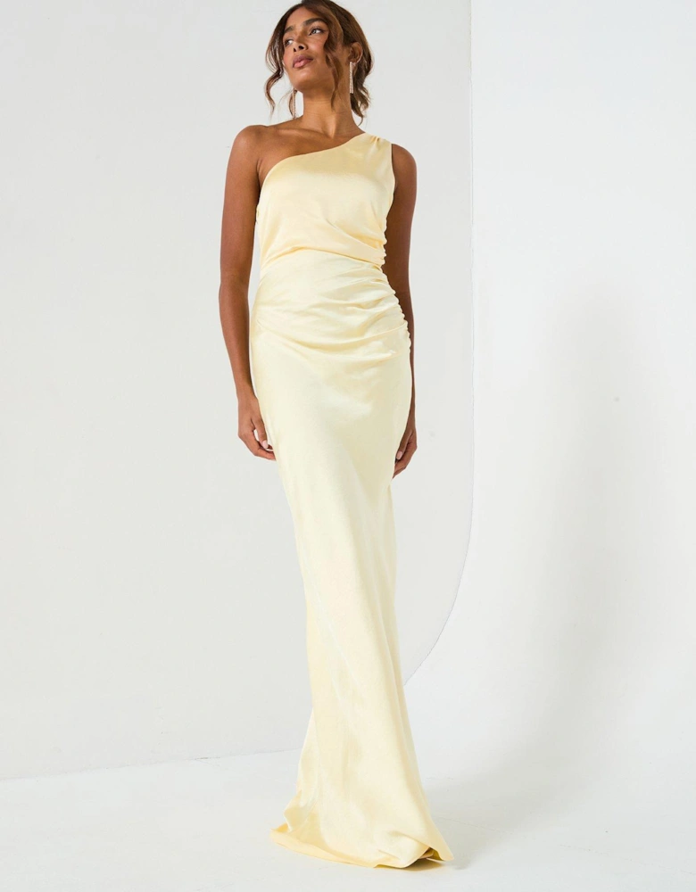 Satin One Shoulder Ruched Bridesmaid Dress - Lemon