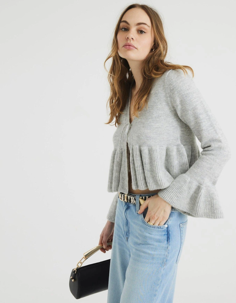 Tie Frill Cardigan - Grey