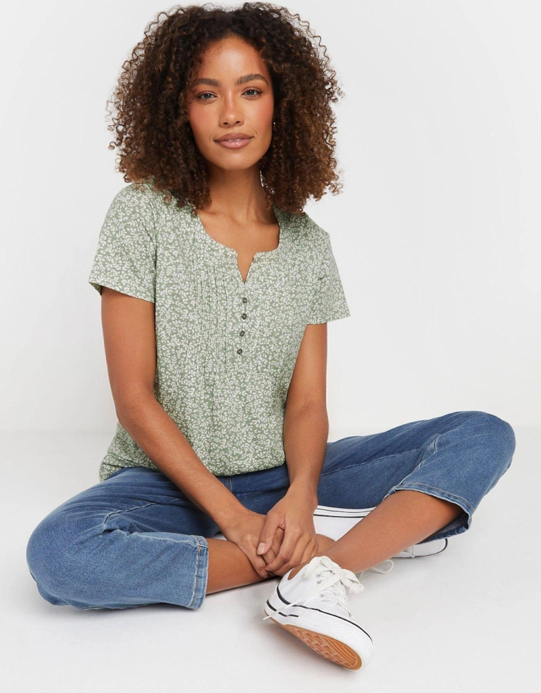 Floral Short Sleeve Cotton Henley - Green