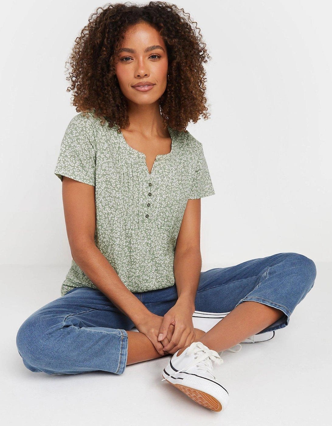 Floral Short Sleeve Cotton Henley - Green, 2 of 1