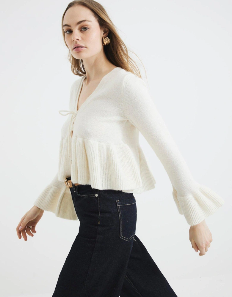 Tie Frill Cardigan - Cream