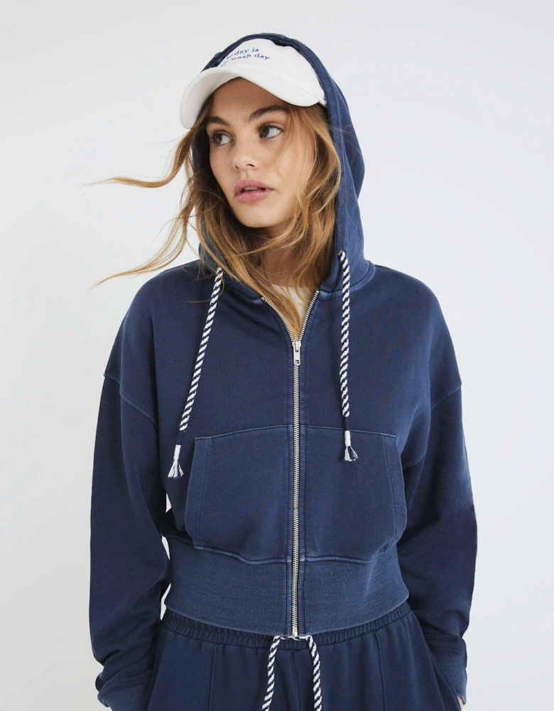 Washed Zip Thru Hoody - Dark Blue