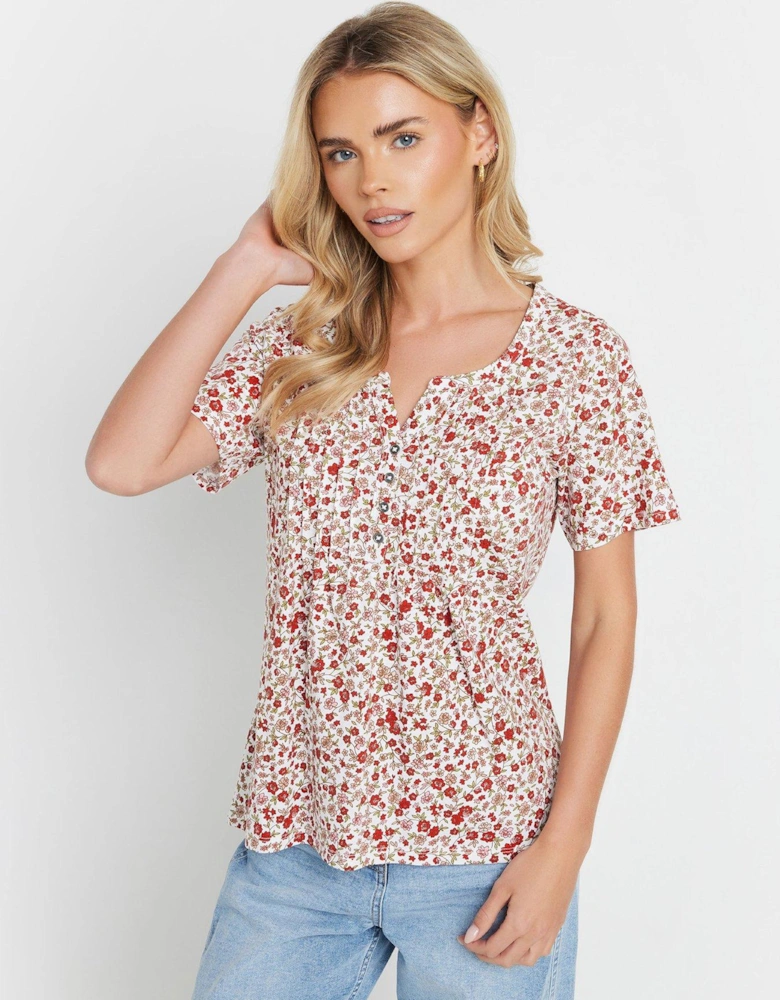 Floral Short Sleeve Henley Top - Pink