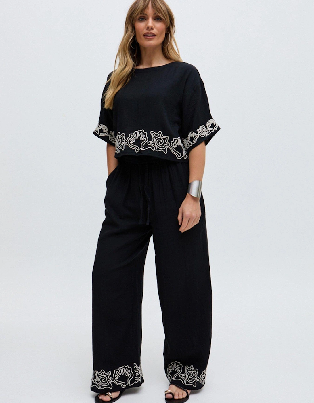 Milly Wide Leg Embroidered Trouser In Black, 2 of 1