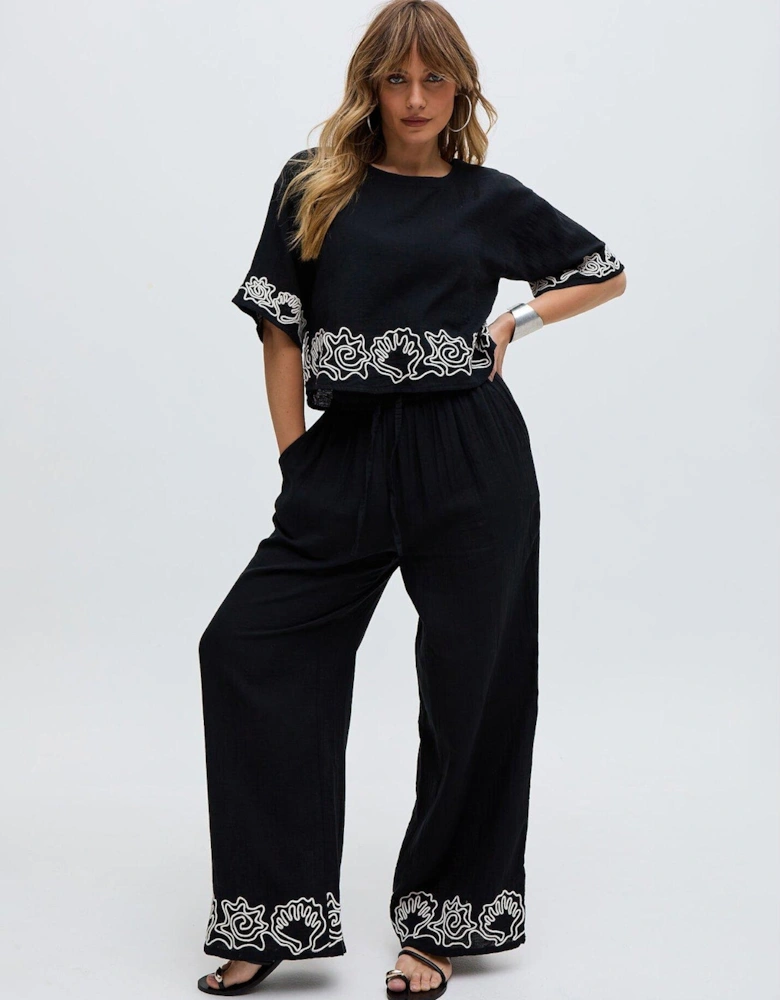 Milly Embroidered Split Open Back Blouse In Black