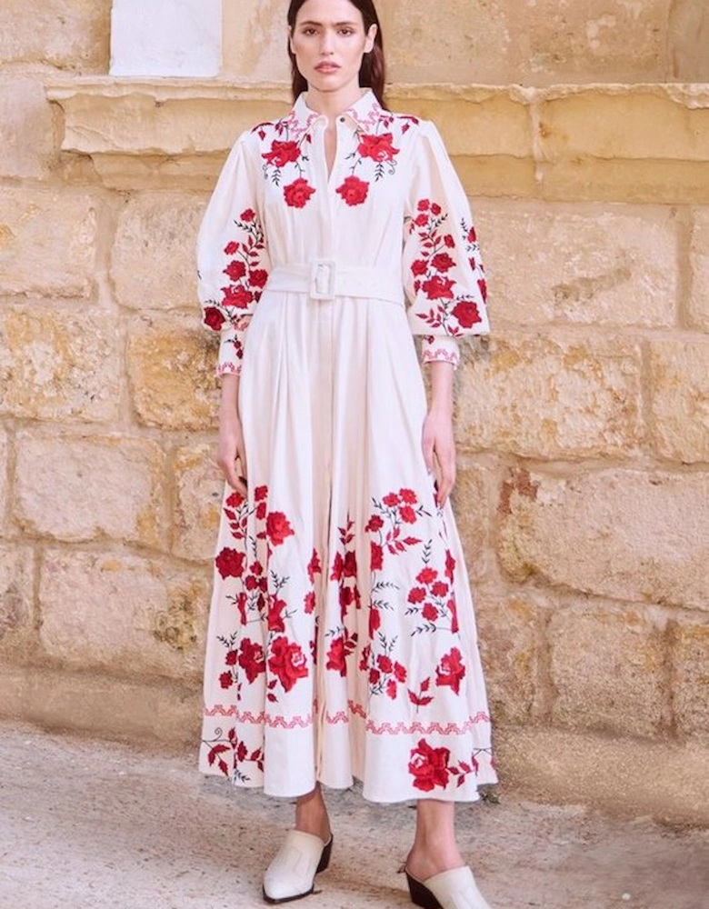 Rose Embroidered Cotton Twill Woven Shirt Dress With Eyelets