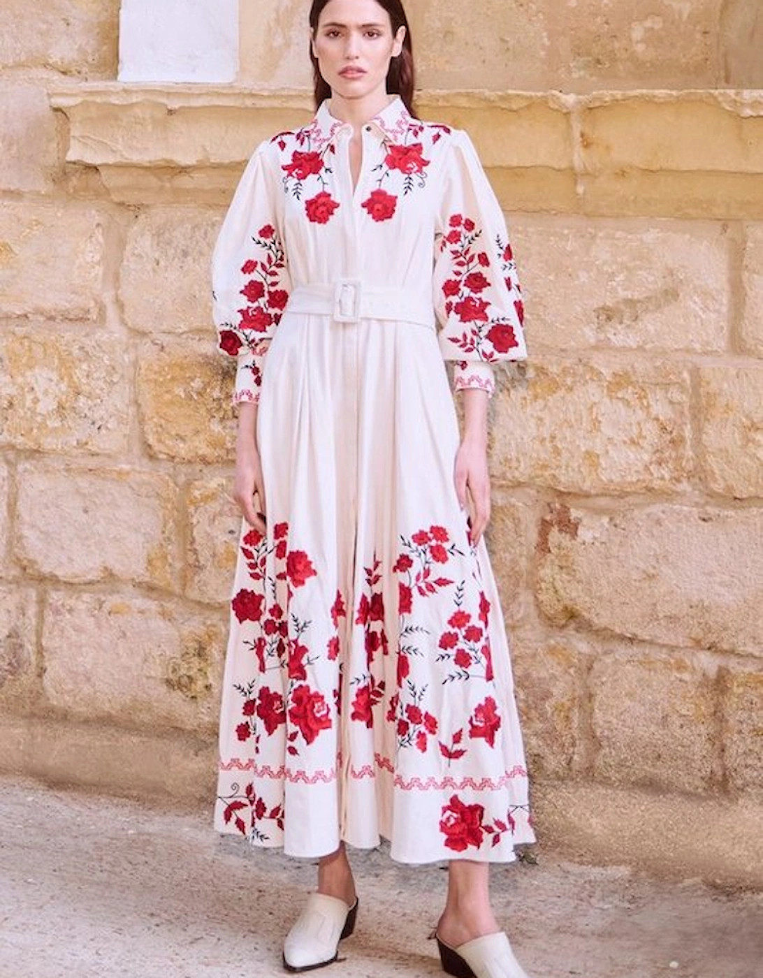 Rose Embroidered Cotton Twill Woven Shirt Dress With Eyelets, 5 of 4