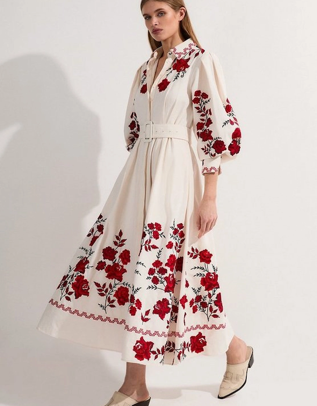 Rose Embroidered Cotton Twill Woven Shirt Dress With Eyelets