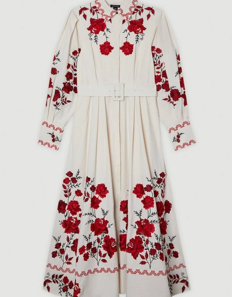 Rose Embroidered Cotton Twill Woven Shirt Dress With Eyelets