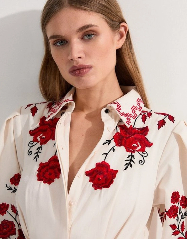 Rose Embroidered Cotton Twill Woven Shirt Dress With Eyelets