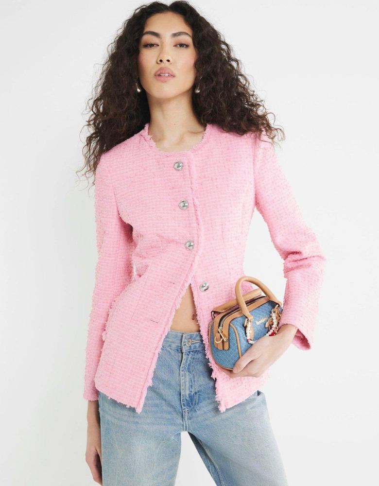 Collarless Boucle Jacket - Pink