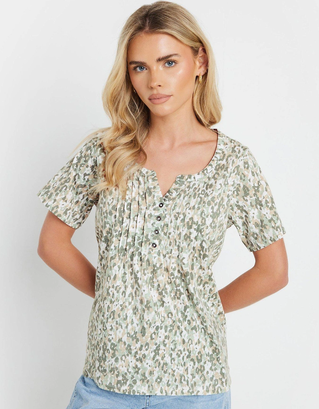 Short Sleeve Cotton Henley Top - Green, 2 of 1