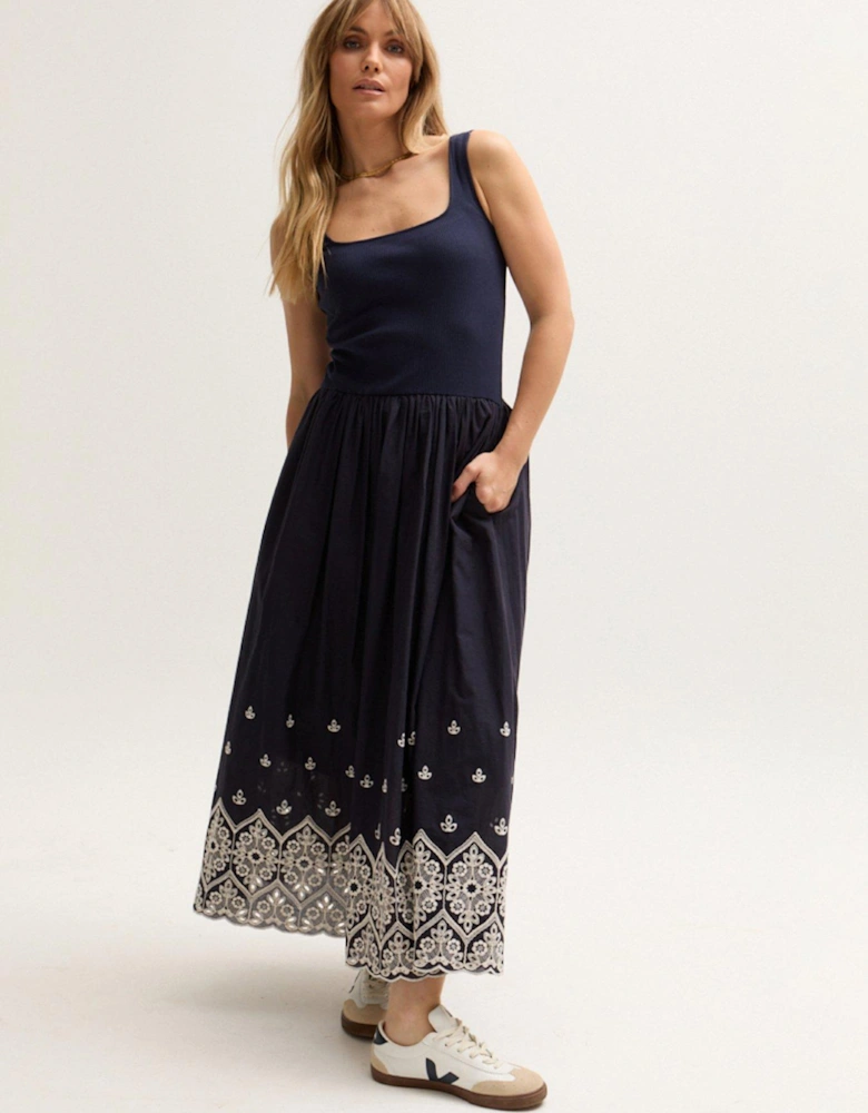 Cora Sleeveless Jersey Bodice Embroidered Midi Dress In Navy