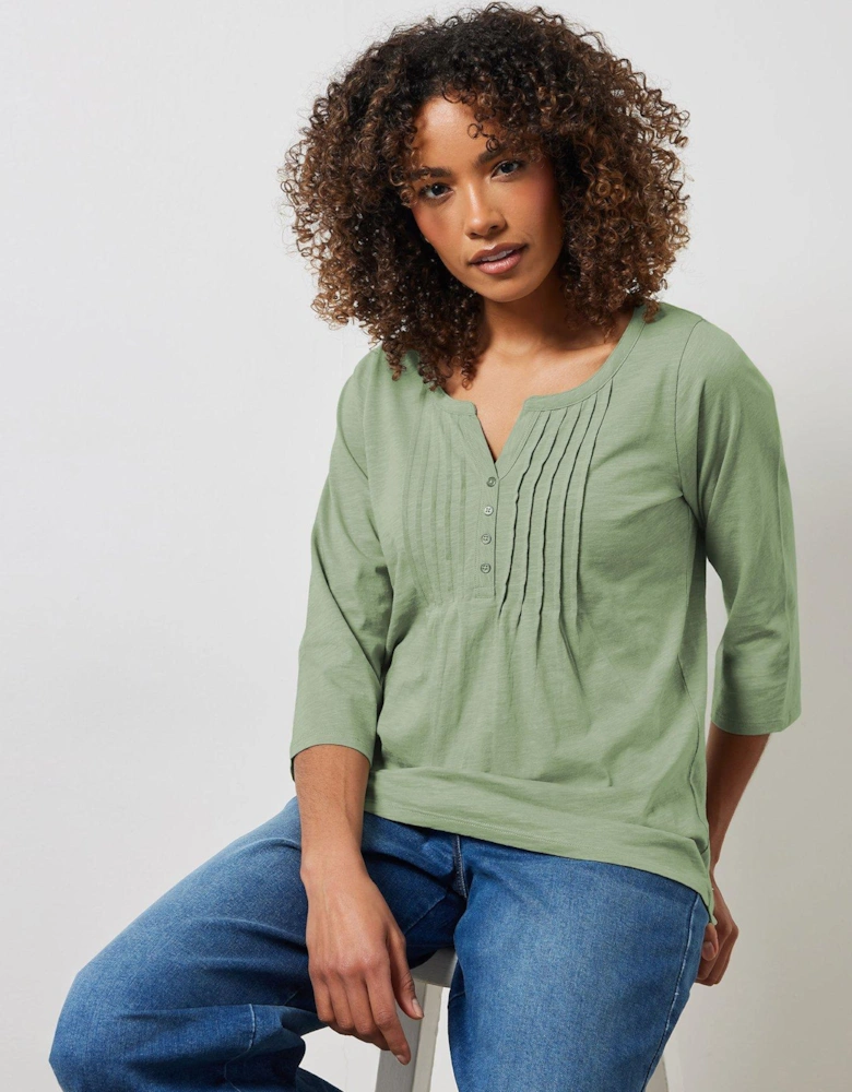 3/4 Sleeve Henley Top - Green