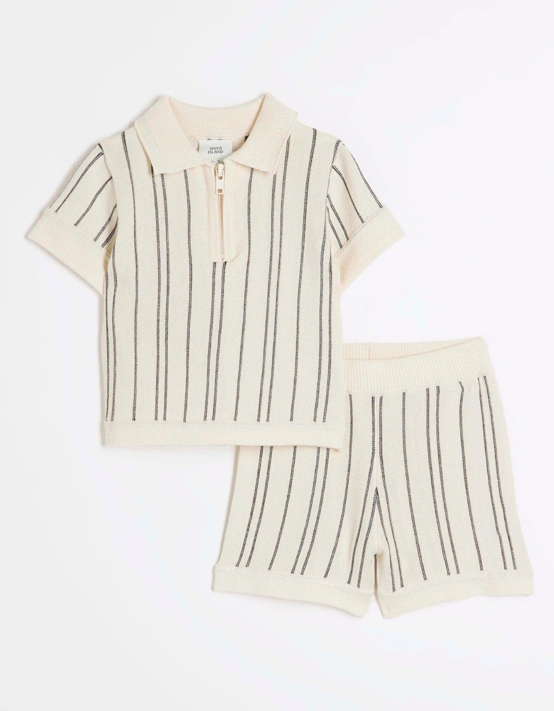 Baby Boys Knitted Stripe Polo Shirt Set - Grey