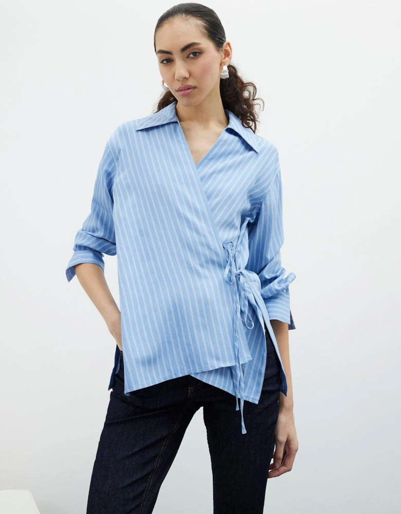 Stripe Wrap Detail Shirt - Blue