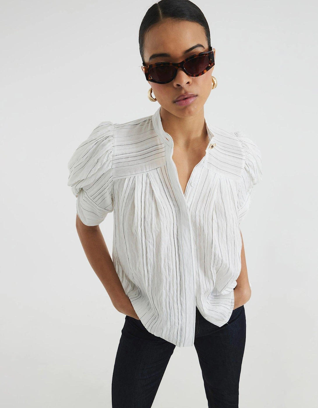 Gold Button Pleated Blouse - White, 2 of 1