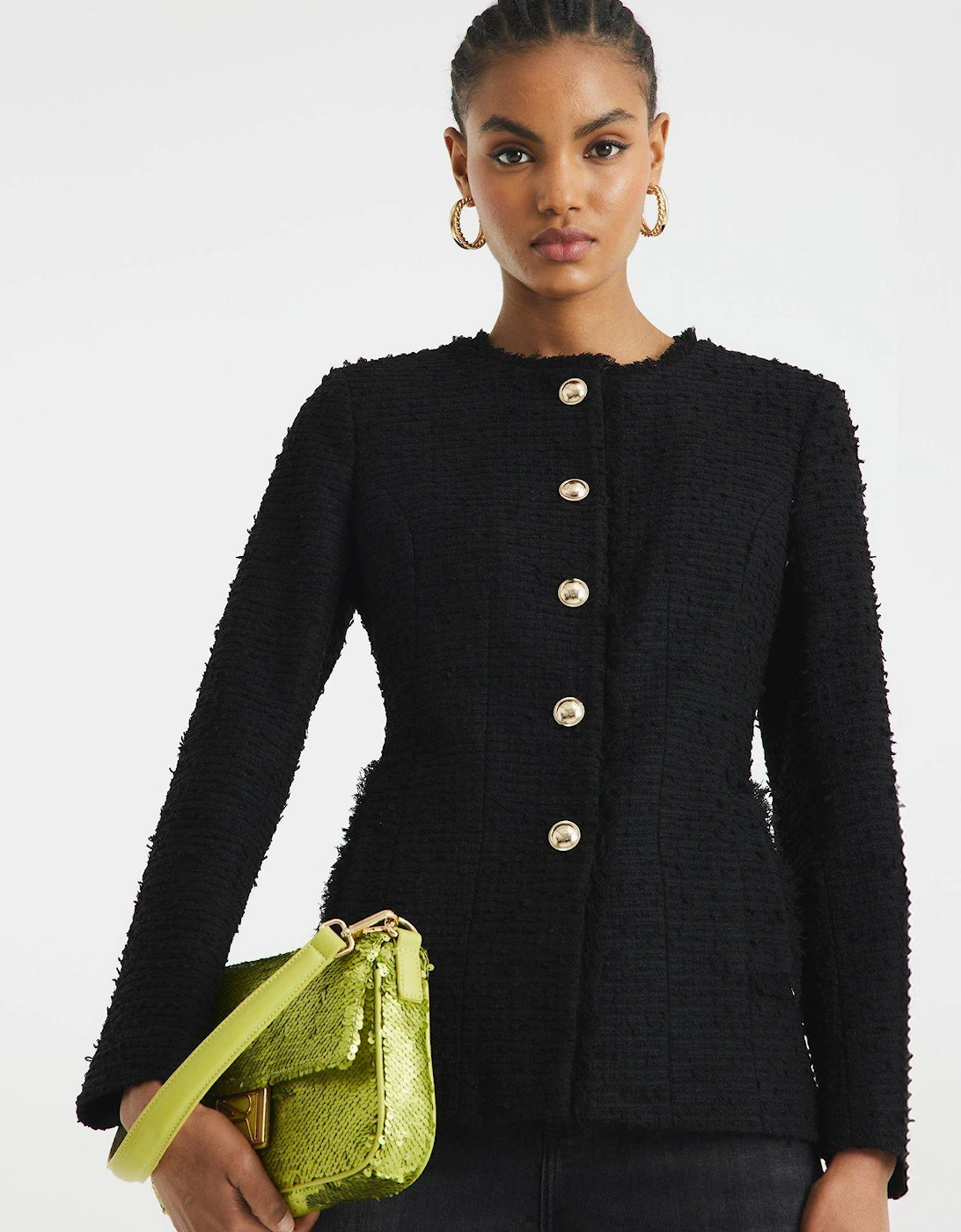 Collarless Boucle Jacket - Black, 2 of 1