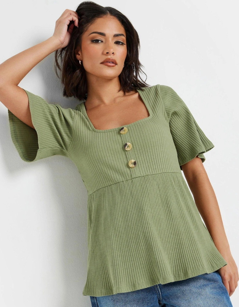 Petite Smock Button Rib Top - Green