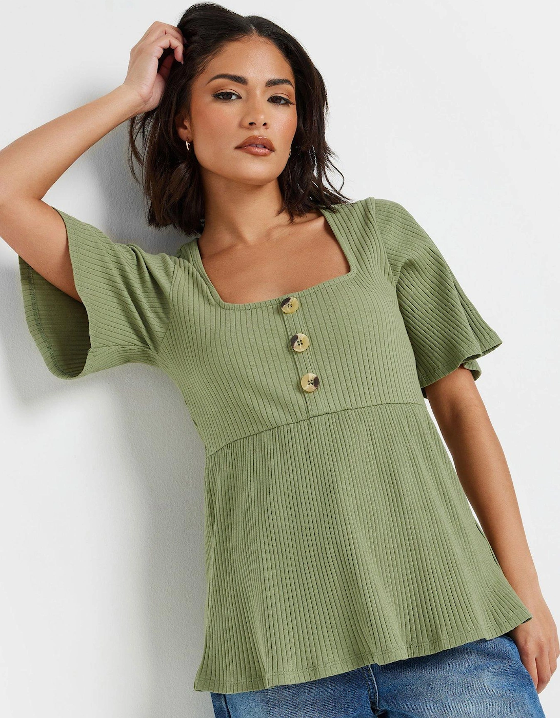 Petite Smock Button Rib Top - Green, 2 of 1