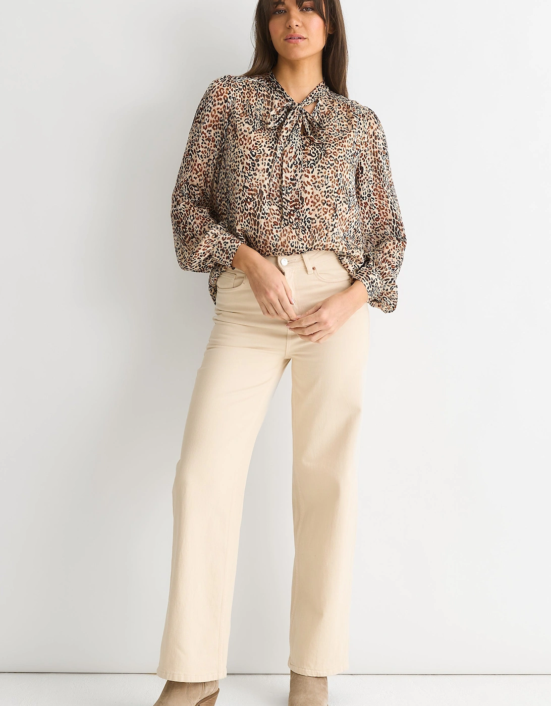 Brown Animal Print Long SLeeves Tie Neck Blouse, 5 of 4