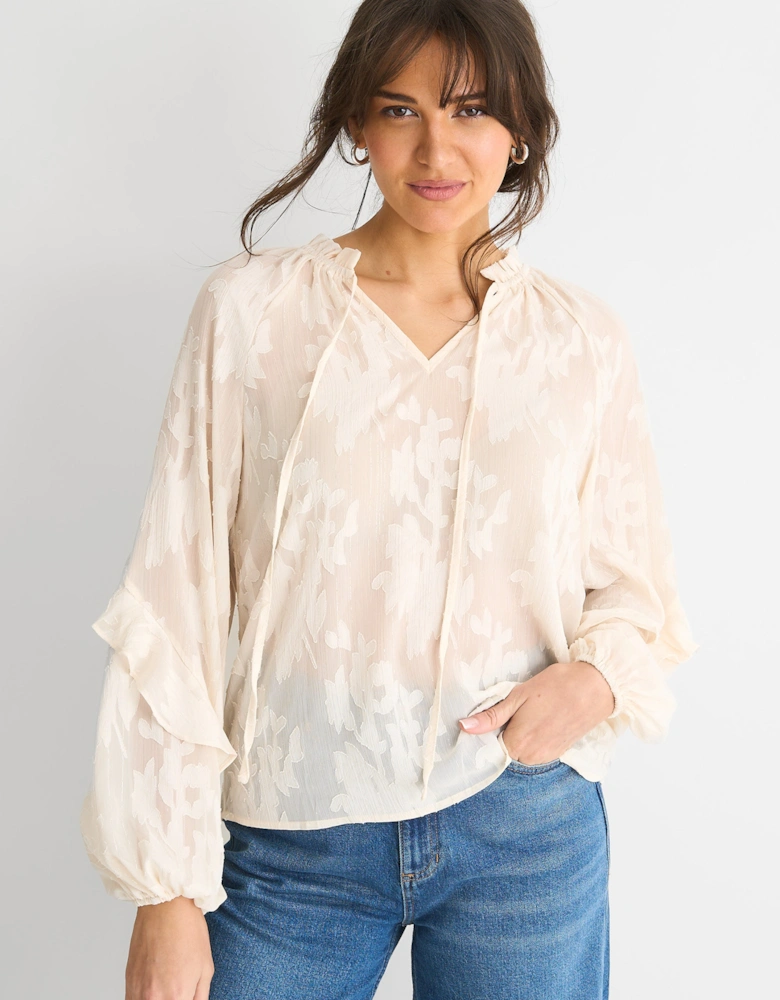 Cream Jacquard Floral Long Sleeve Blouse