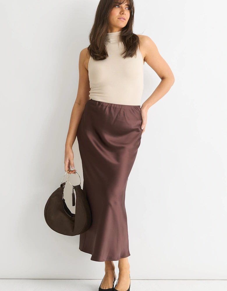 Chocolate Satin Midi Skirt