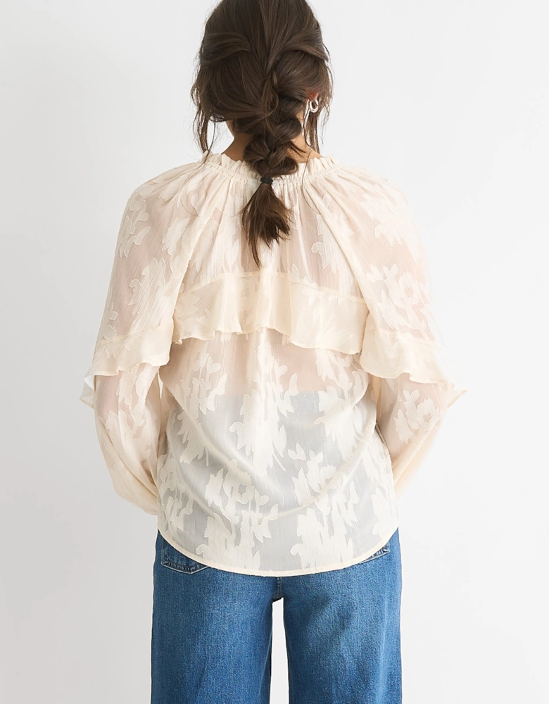 Cream Jacquard Floral Long Sleeve Blouse