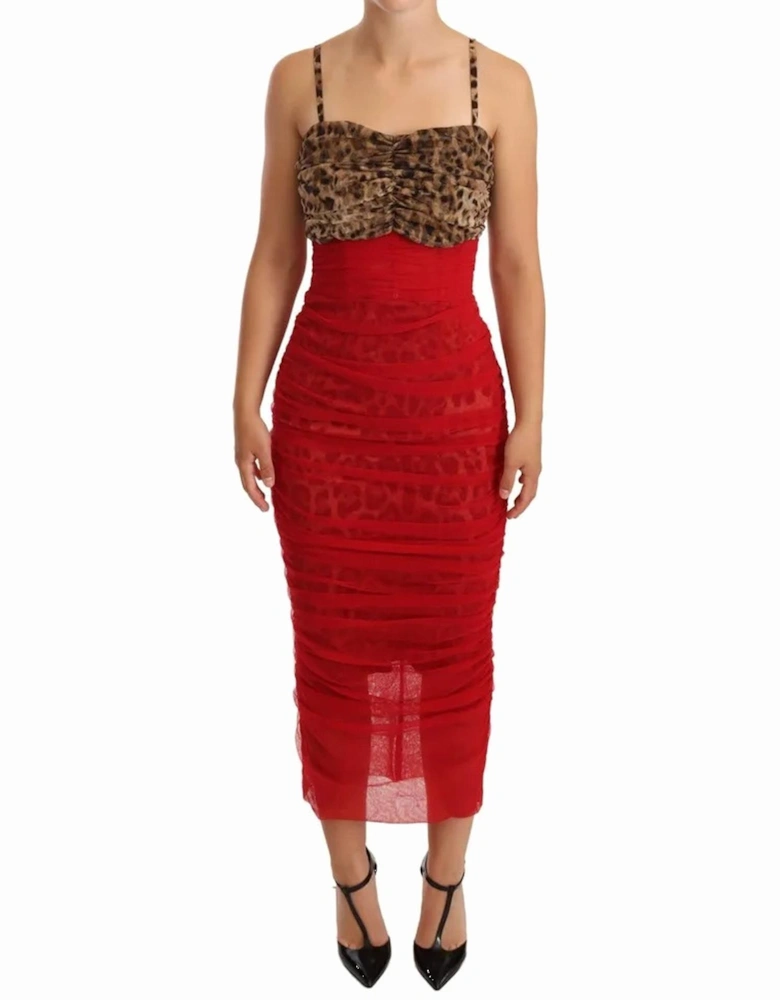 Leopard Print Corset Midi Sheath Dress Women - Red Dresses