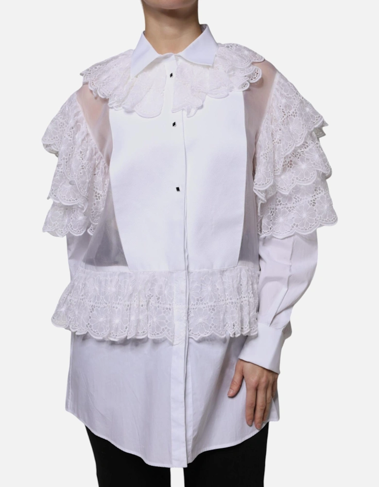 Long Sleeve Cotton Silk Collared Blouse Top Women - White T-Shirts