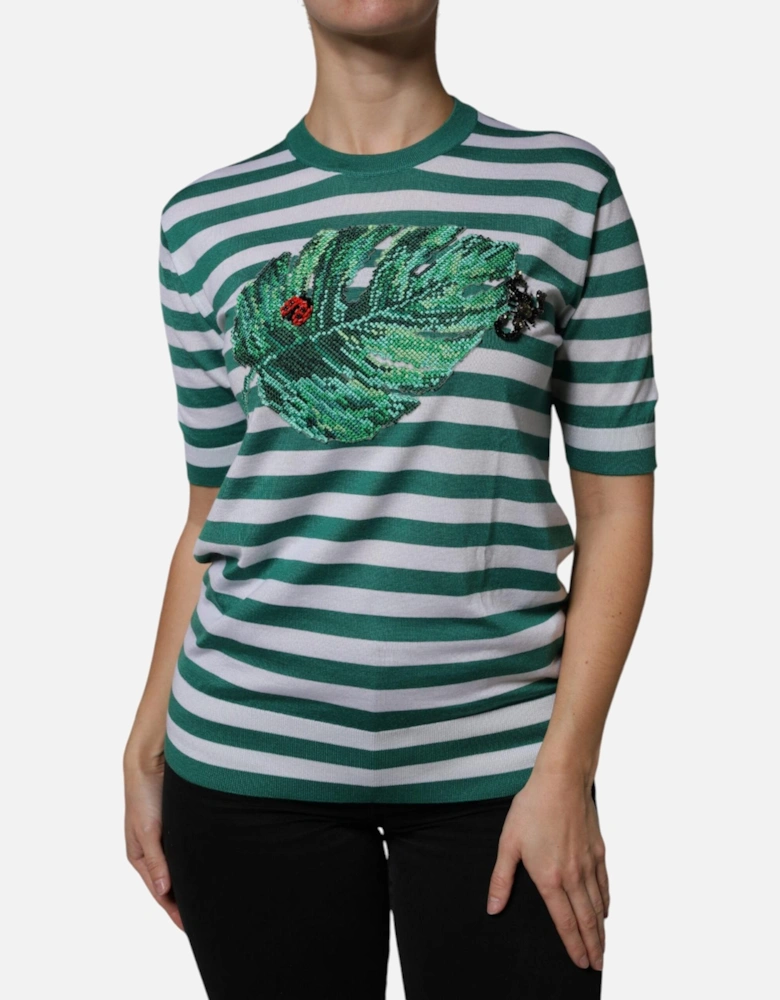 Striped T-shirt with Leaf Embroidery Women - White