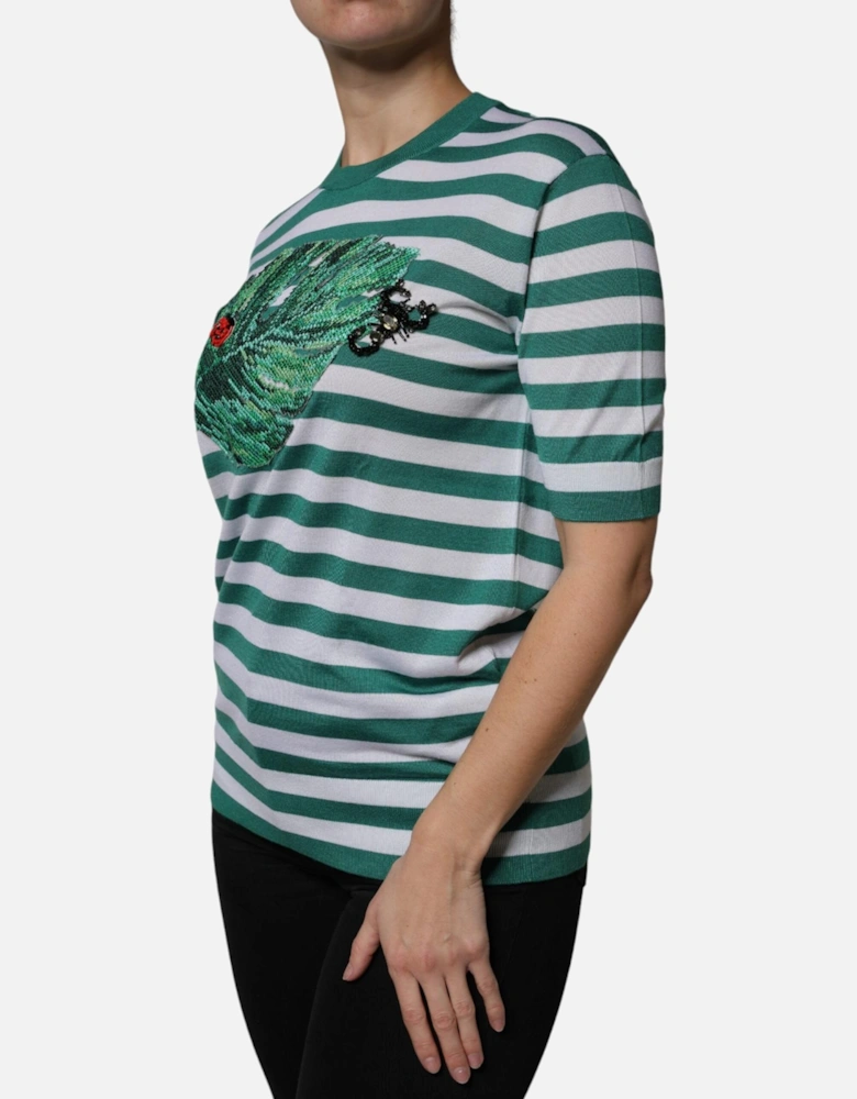 Striped T-shirt with Leaf Embroidery Women - White