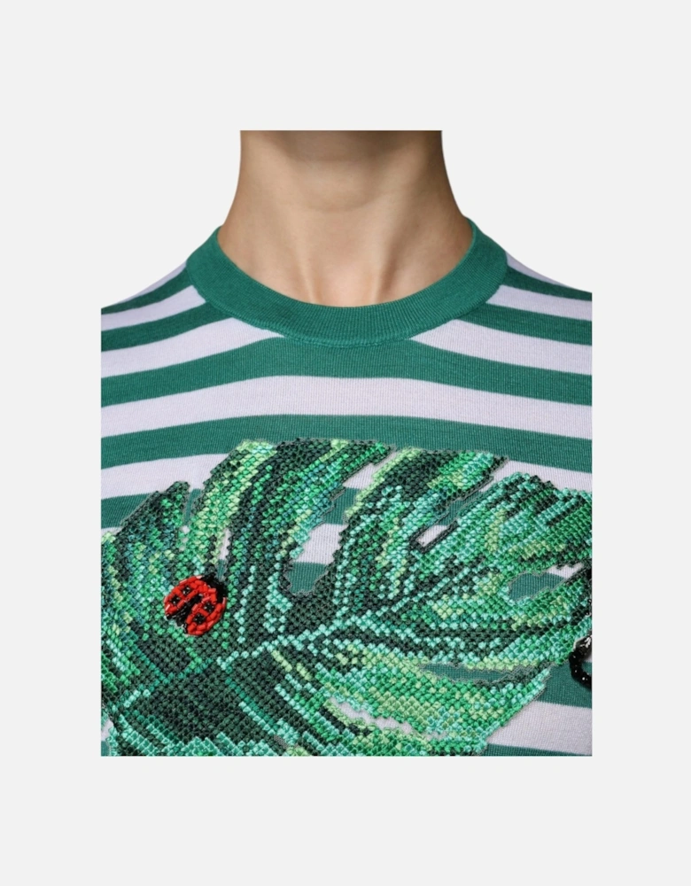 Striped T-shirt with Leaf Embroidery Women - White