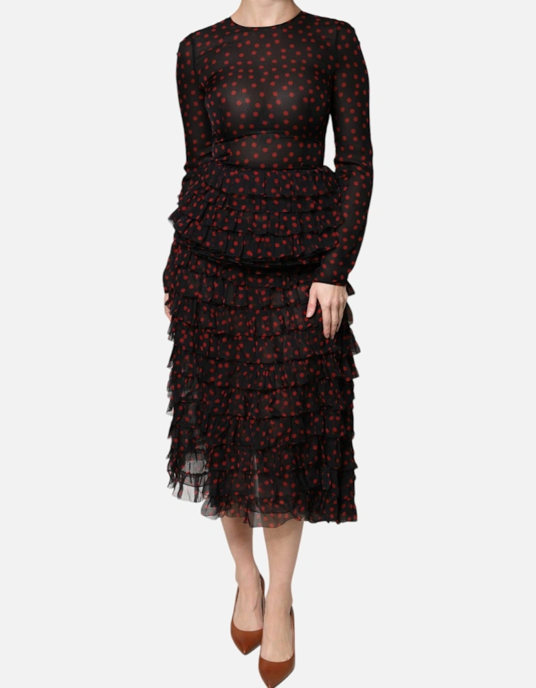 Long Sleeves Silk Midi Dress Women - Black And Red Dresses