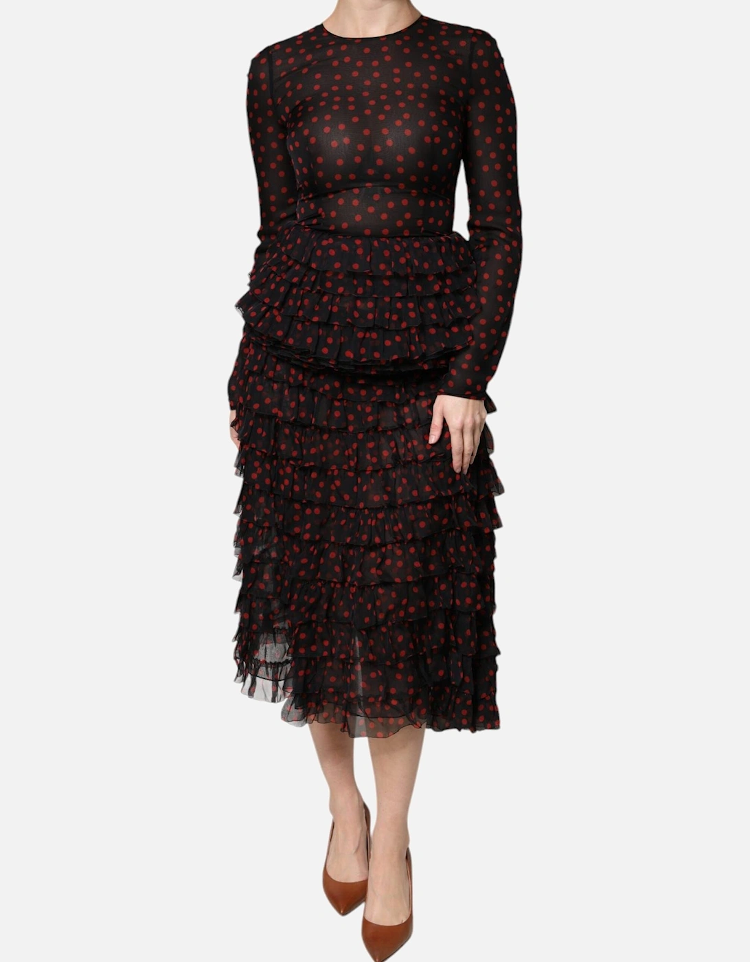 Long Sleeves Silk Midi Dress Women - Black And Red Dresses, 6 of 5