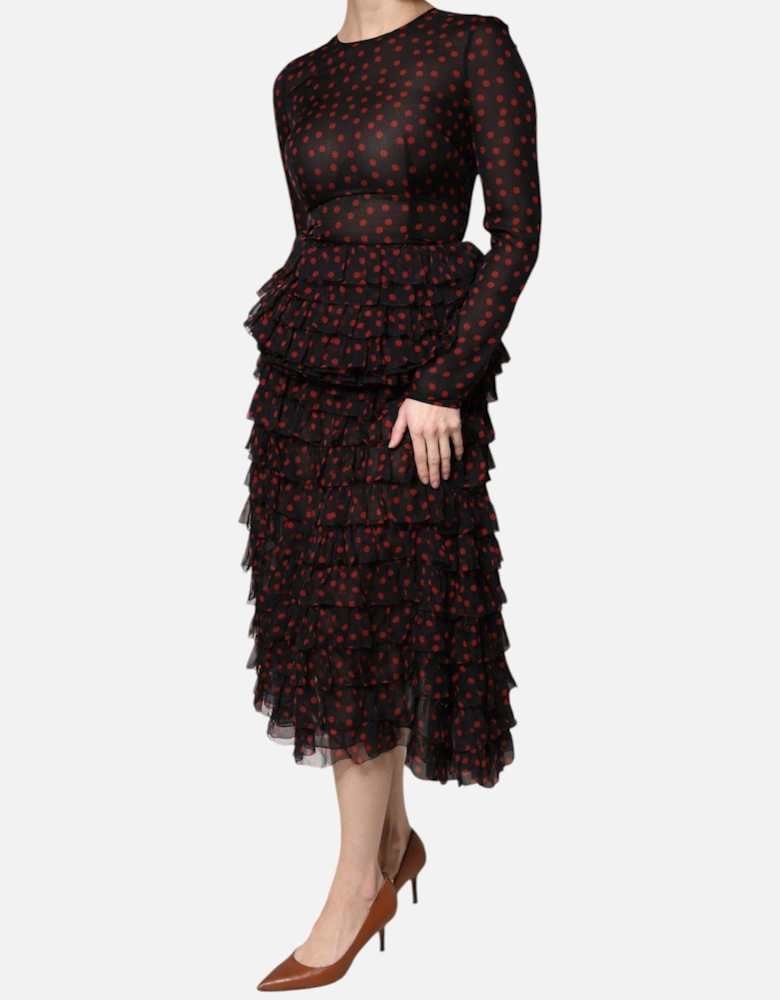 Long Sleeves Silk Midi Dress Women - Black And Red Dresses
