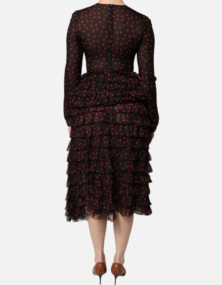 Long Sleeves Silk Midi Dress Women - Black And Red Dresses