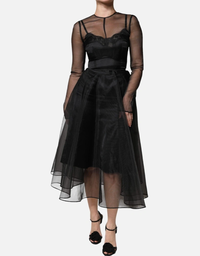 Sheer Tulle Midi Dress with Back Zipper Women - Black Dresses