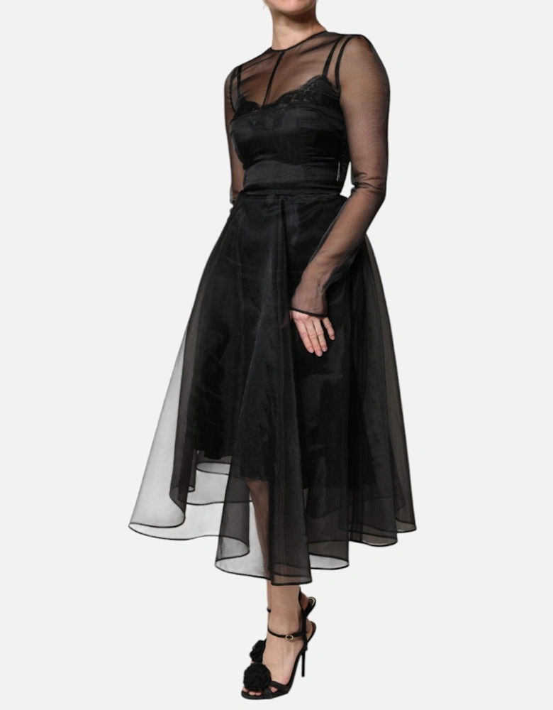Sheer Tulle Midi Dress with Back Zipper Women - Black Dresses