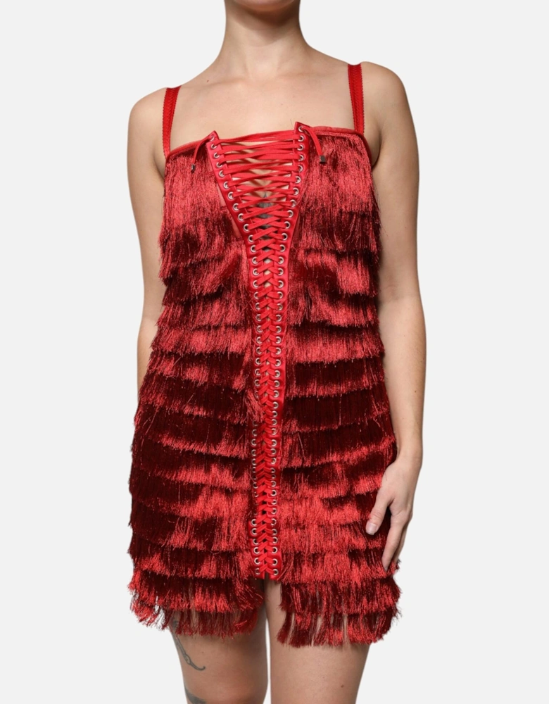 Tasseled Sheath Mini Dress with Square Neckline Women - Red Dresses