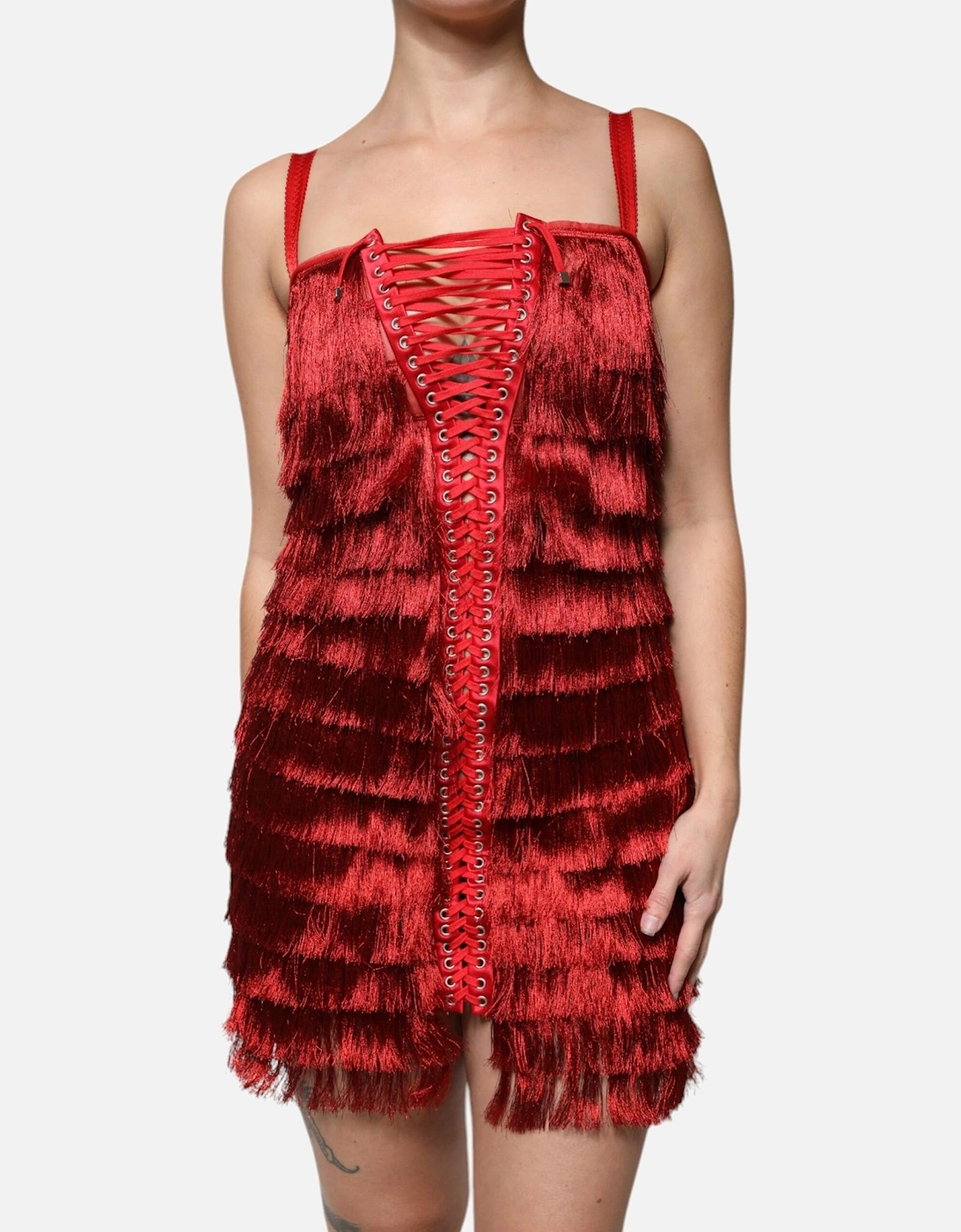 Tasseled Sheath Mini Dress with Square Neckline Women - Red Dresses, 6 of 5
