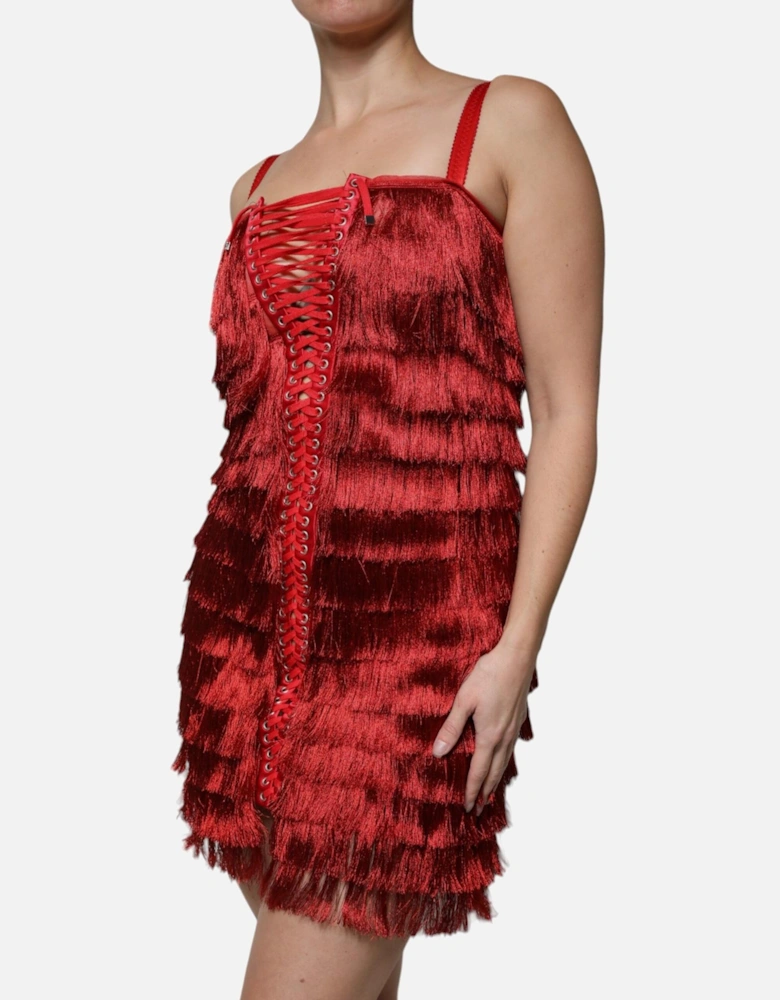 Tasseled Sheath Mini Dress with Square Neckline Women - Red Dresses