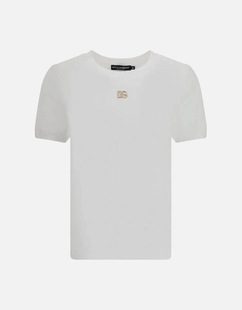 Rhinestone Logo Ribbed Crew Neck T-Shirt Women - White