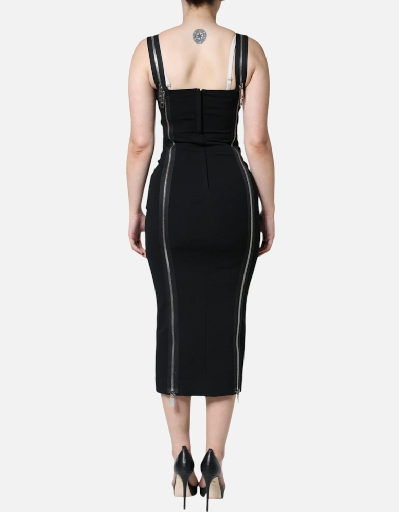 Square Neckline Midi Sheath Dress with Silk Lining Women - Black