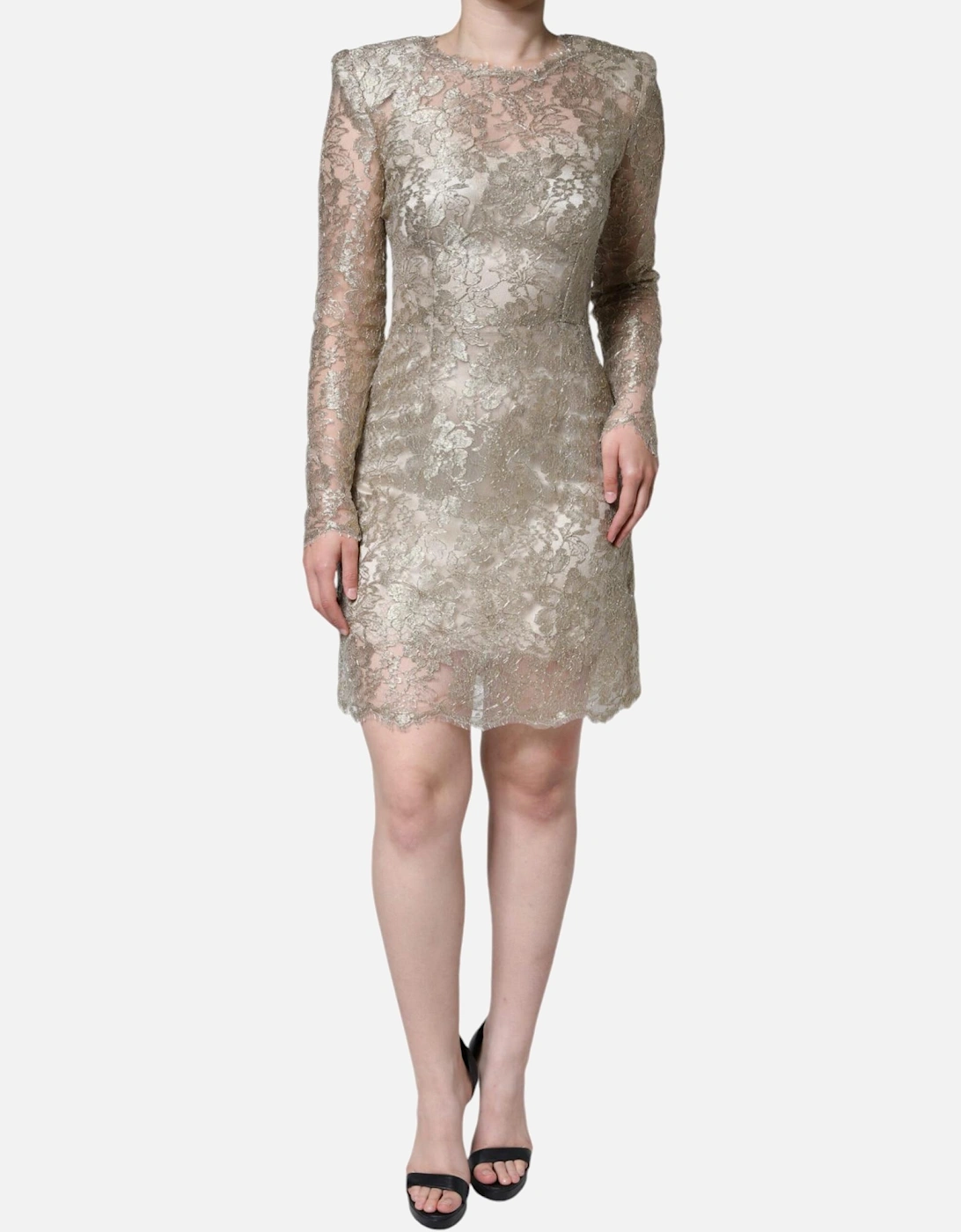Floral Lace Sheath Dress with Silk Lining Women - Gold Dresses, 6 of 5