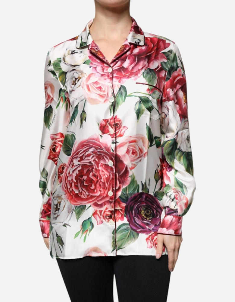 Silk Collared Floral Long Sleeves Blouse Women - White T-Shirts