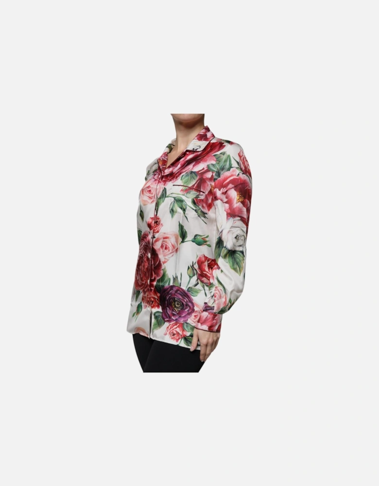Silk Collared Floral Long Sleeves Blouse Women - White T-Shirts