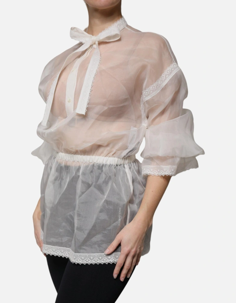 Ascot Collar Long Sleeve Silk Blouse Women - White T-Shirts